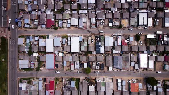 Overhead shot showing crowded township living, informal settlement