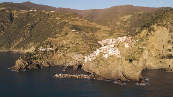 Aerial view of Manarola along the coast of Cinque Terre, Liguria, Italy.