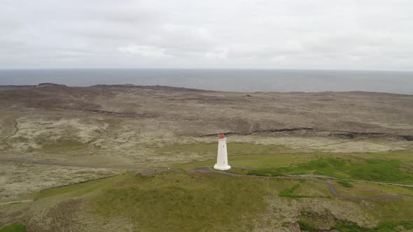 Lighthouse Near Geothermal Area, Reykjanes Peninsula, Iceland - aerial drone shot