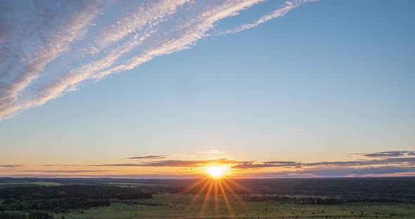 Aerial Scene of High Panoramic View at Sunset. Beautiful Clouds Blue Sky, Sun Glow Cloud, Background