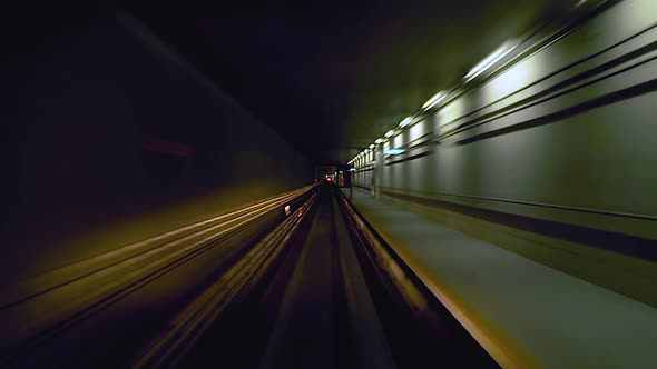 Automatic Train going through Subway Metro Underground Tube Tunnel Fast Speed Time Lapse