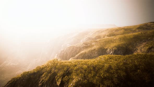 Dry Yellow Grass on the Rocky Mountain with Heavy Fog