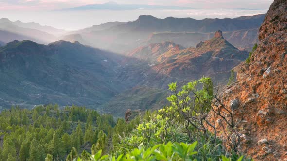 Sunset View From Roque Nublo Over Gran Canaria, Spain. Tenerife Island Visible in the Background