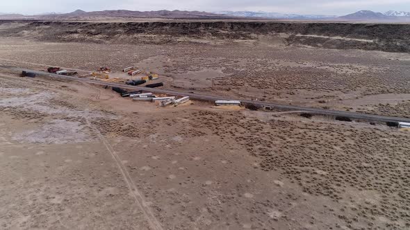 Aerial view of train car wreckage after derailment