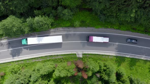 Column of a Cargo Truck Passenger Bus and Car Moves Along a Forest Road