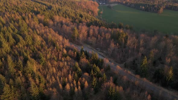 Drone approaching a narrow forest road in Germany when a car with a trailer passes. Aerial sunset fo