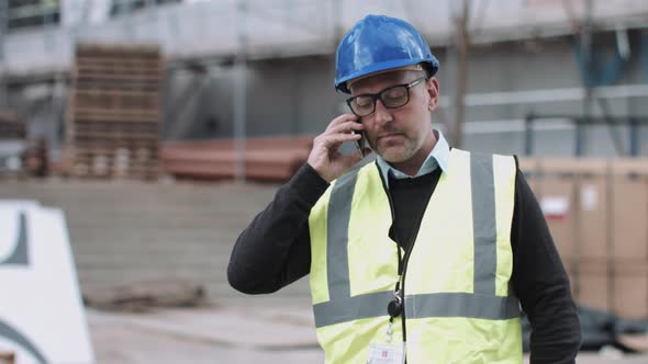 Construction worker using smart phone on construction site