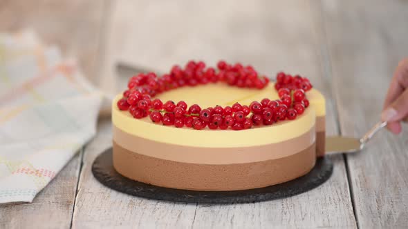 Triple Chocolate Mousse Cake with Red Currant.