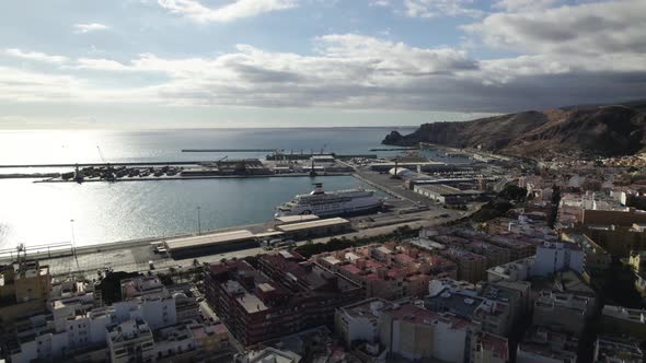 Aerial View Of Port Of Almeria With Cruise Ships Docked At Pier. Circle Dolly