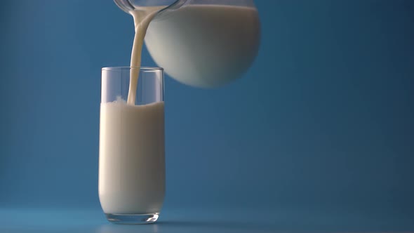 Milk is poured from a jug into a empty glass on a blue background