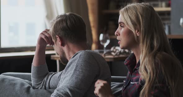 European Guy Tired Stress Worried Financial Problem Fired Business Failure Lady Talking Assistant