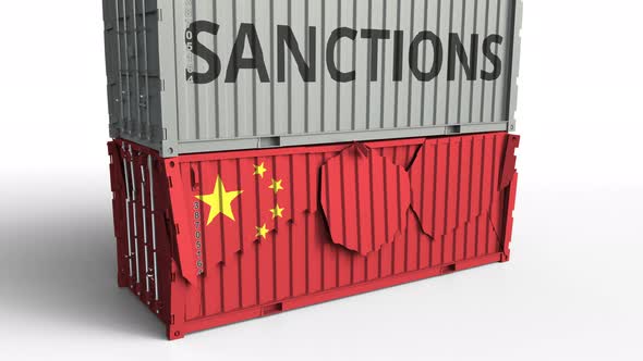 Container with SANCTIONS Text Breaks Container with Flag of China