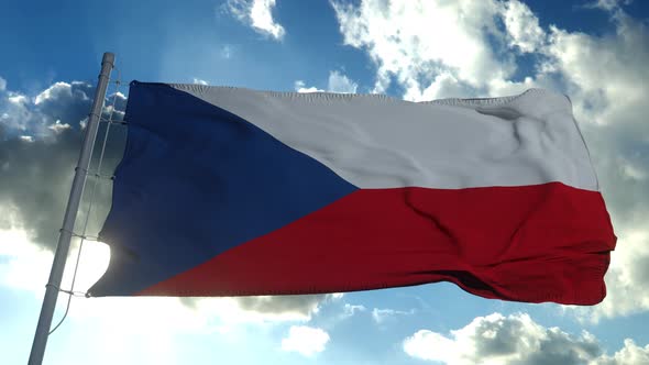 Czech Republic Flag Waving in the Wind Blue Sky Background