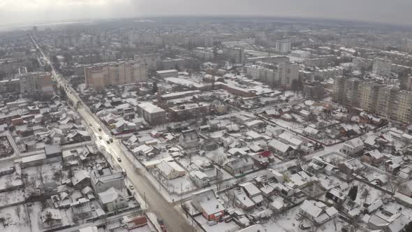 Aerial Winter View Sunset Zhytomytr City Streets