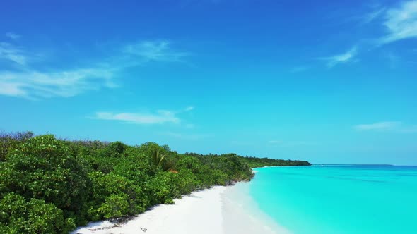 Aerial drone nature of relaxing bay beach break by transparent sea and white sand background of a pi