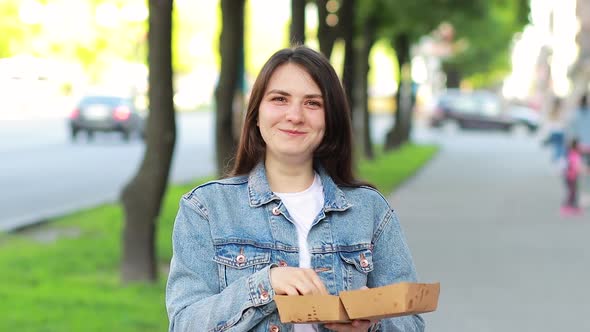 Beautiful Woman Eating French Fries Street Food