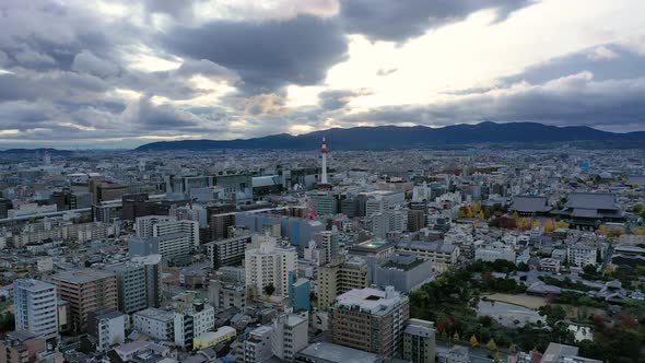 Aerial view 4k video by drone of Kyoto tower and buildings with skyline view