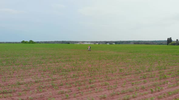 Man Riding Mountain Bicycle at the Field Road. Far View of Sporty Guy Cycling Along Country Trail