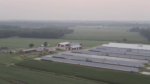 Closing in aerial view of morning in a farm