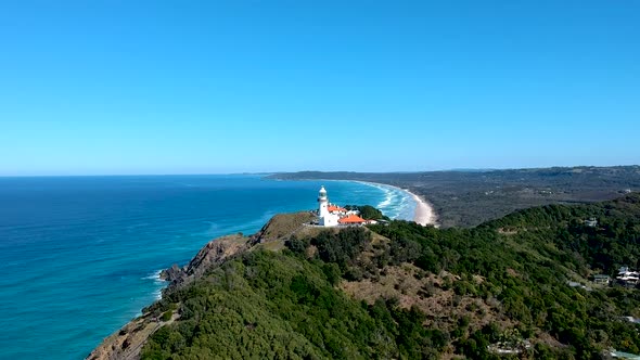 Aerial view of seaside lighthouse in Byron bay, Australia