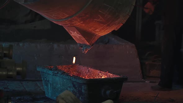 Molten Metal Pouring. Casting Liquid Metal. Molten Metal Melted in Furnace at Metallurgical Plant