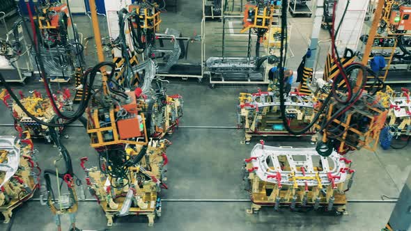 Unit of a Car-producing Factory in a Top View. Car Assembly Line, Automobile Industry Concept.