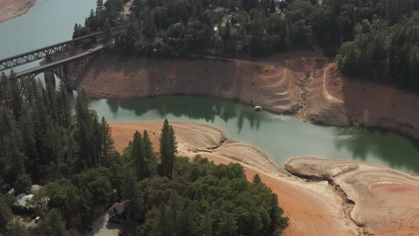 Aerial view of Shasta Lake straight down in Northern California low water levels during drought