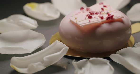 Shot of Tasty Sweet Round Dessert with Pink Cream and White Flower Petals