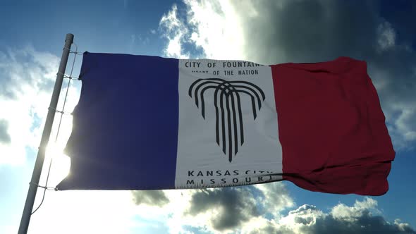 Kansas City Flag City of USA or United States of America Waving at Wind in Blue Sky