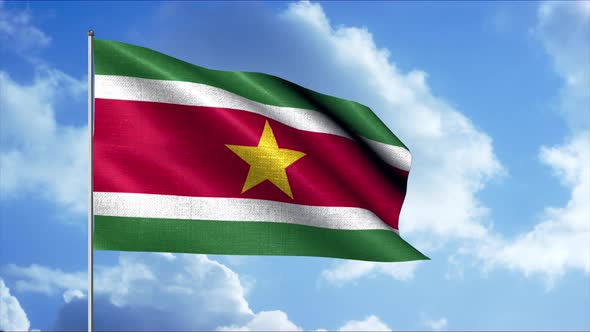 A flag of Suriname with green, white, and red horizontal stripes and a golden star