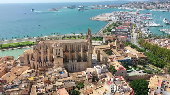 Aerial Drone Video Footage Famous Cathedral La Seu in Palma De Mallorca Spain