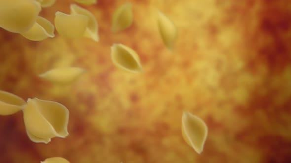 Dry Pasta Conchiglie Rigate Flying Diagonally on a Yellow Ochre Background