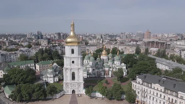 Kyiv. Ukraine: Saint Sophia's Cathedral in Kyiv. Aerial View, Slow Motion, Flat, Gray