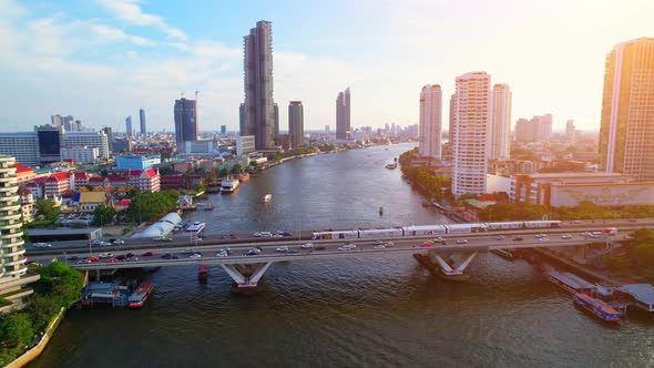 Aerial view over Bangkok city and Chao phraya river