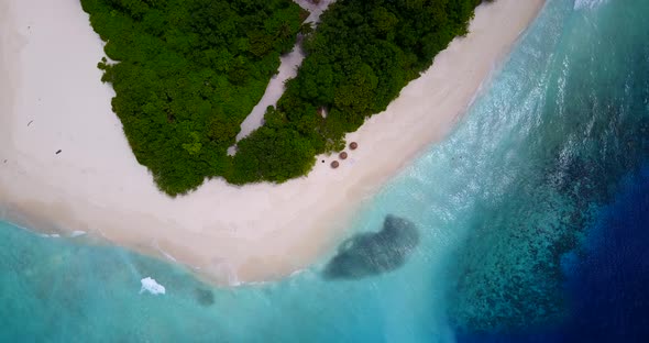 Daytime drone travel shot of a paradise sunny white sand beach and blue sea background 