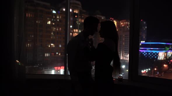 of a Couple in Love Kissing Against the Background of a Panoramic Window Overlooking the Night