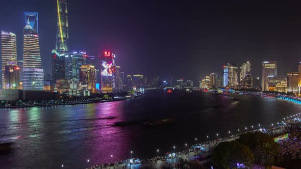 Shanghai River Urban Cityscape Aerial Skyline Panorama Timelapse at Night Zoom Out