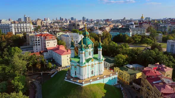 Aerial Drone Video Famous St. Andrews Church and Panorama of Kyiv, Ukraine