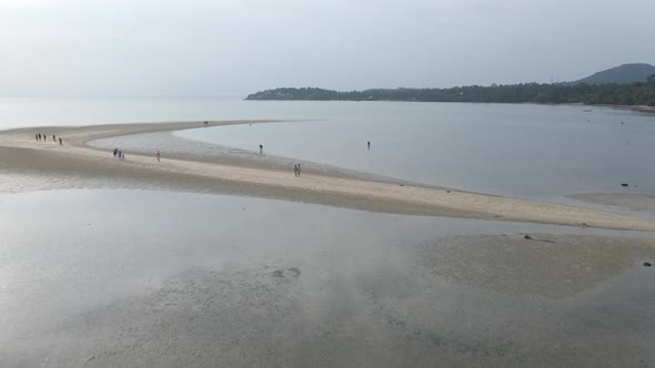 Fly Over People Raking Clams On The Sandbanks In Koh Phangan Thailand