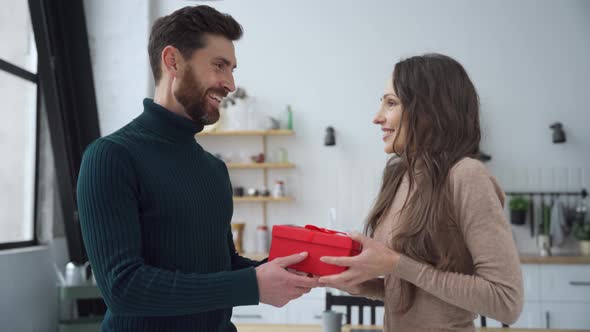 Loving Husband Surprising Charming Wife with Present Gift Box on Romantic Day