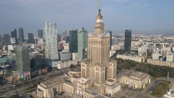 Aerial view of the Palace of Culture and Science and skyscrapers business center at Sunny day. Warsa