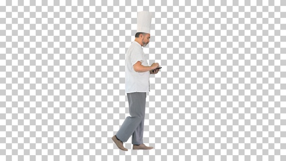 Bearded man cook walking and using mobile phone, Alpha Channel