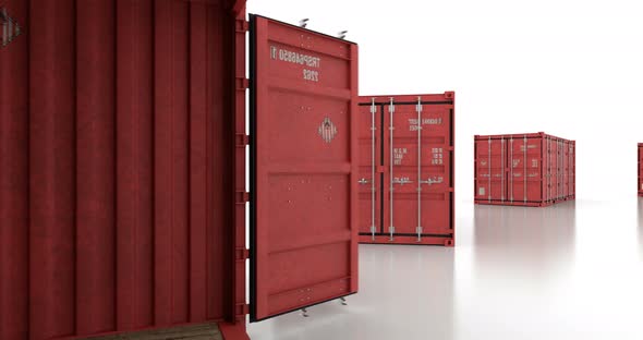 Seamless Move Thru Shipping Containers with Doors Opening on White Background