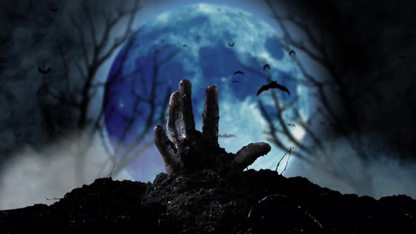 Human Hand Rises From the Ground Can Be Seen the Blue Moon and Tree Silhouettes. Smoky Background