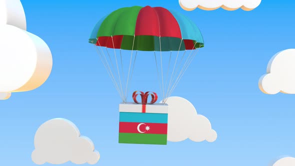 Box with National Flag of Azerbaijan Falls with a Parachute