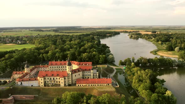 Flying Over the Nesvizh Castle, the Park Around the Castle and the Lake, Aerial Video of Nesvizh