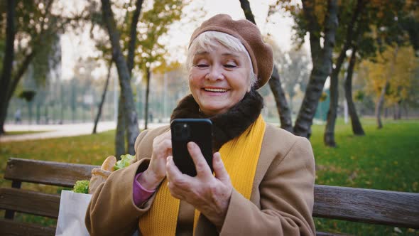 Aged Lady Making Video Call By Mobile Phone Waving Hand Smiling and Talking While Sitting on Bench