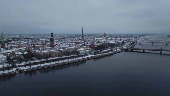 Aerial Dolly in Towards Winter Old Town of Riga Latvia