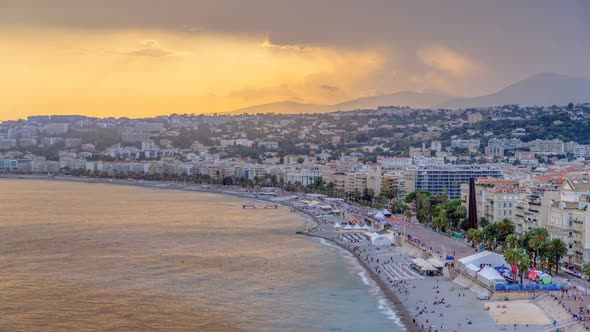 Sunset Over Nice City and Mediterranean Sea Aerial Timelapse