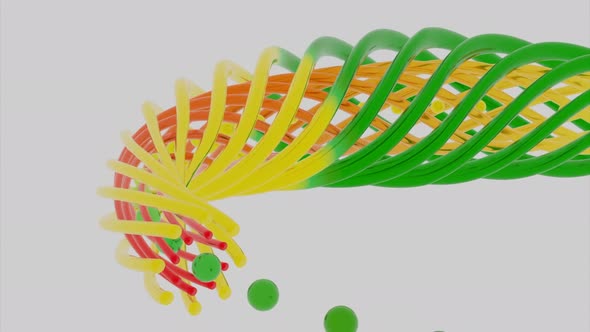 A tube of colorful stripes with flying spheres, seamless loop